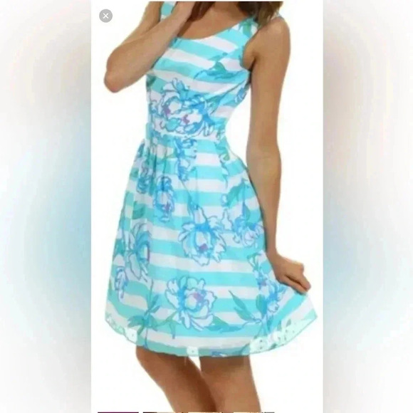 Lilly Pulitzer size 12 striped blue and white floral print Roswell posey dress. - Picture 1 of 10
